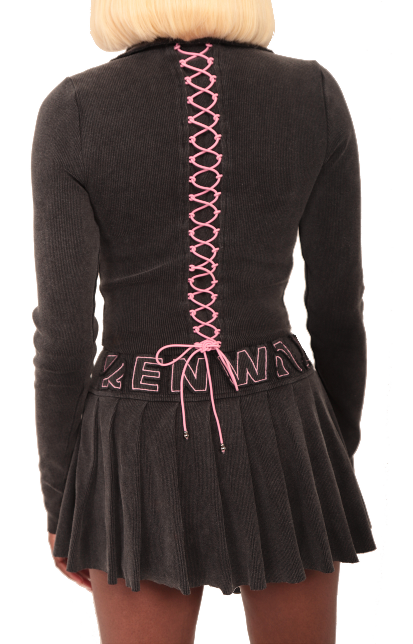 Close up, corset back top and ribbed skirt - pinkprnt skrt suit
